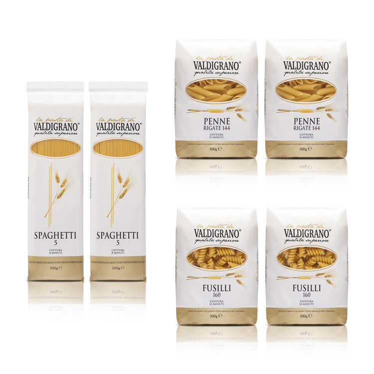 Assortimento di pasta Valdigrano da 500g: due confezioni di spaghetti, due di penne rigate e due di fusilli, disposte su sfondo bianco.