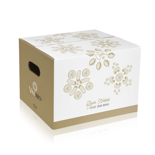 Scatola natalizia di cartone Valbio da 5kg per confezione multipla, decorata con augurio di Buon Natale.