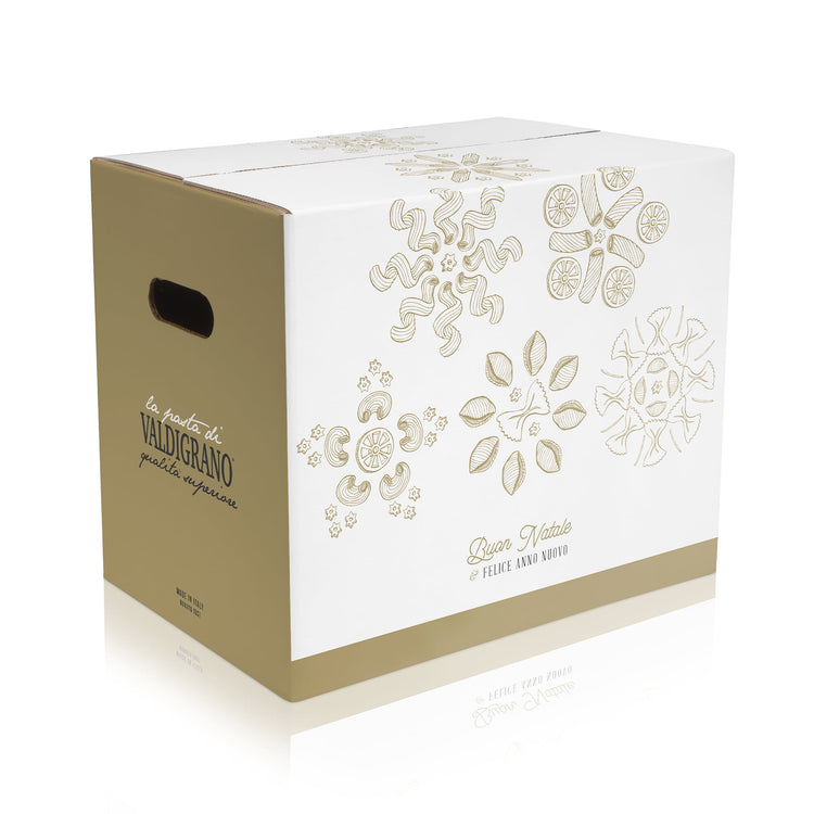 Scatola di cartone natalizia Valdigrano da 10kg per  confezione multipla, decorata con loghi e scritte promozionali.