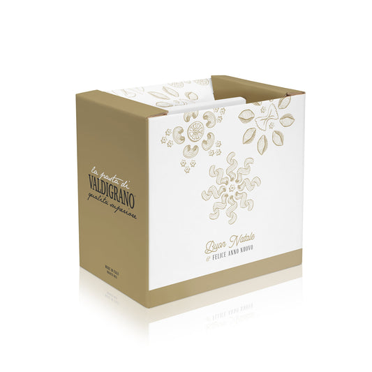 Scatola natalizia di cartone Valdigrano da 3kg per  confezione multipla, decorata con loghi e scritte promozionali.